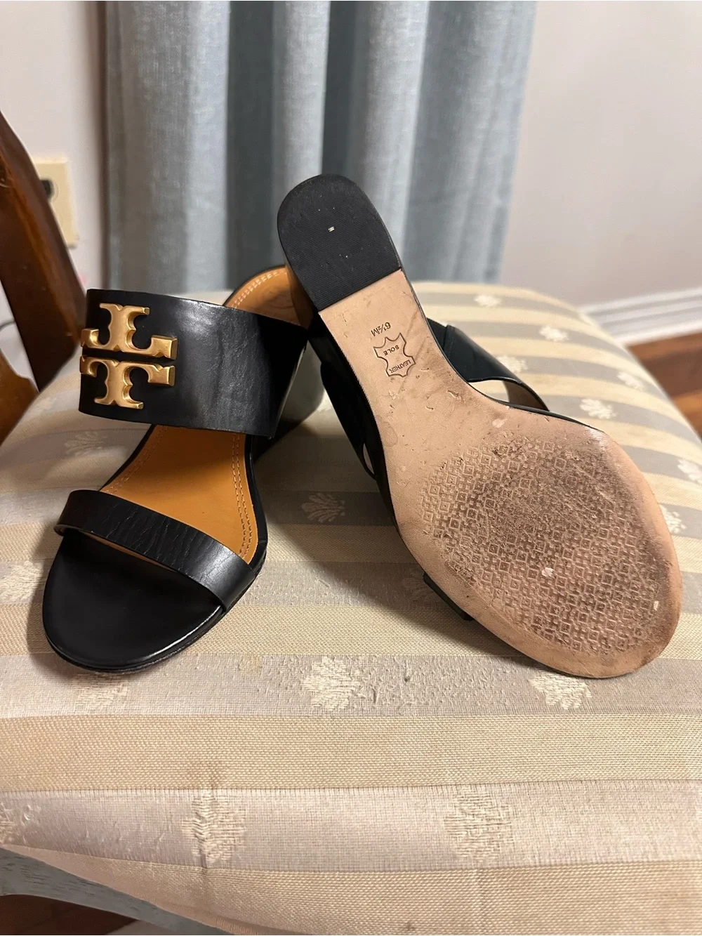 Tory Burch Black Leather Slide Sandals with Gold Logo Medallions
